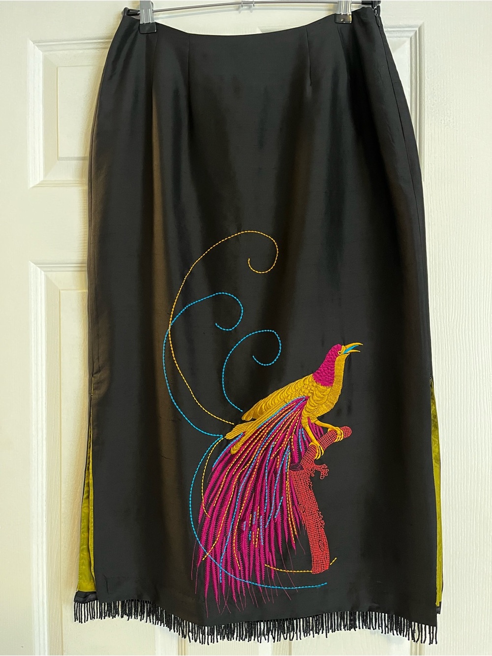 Clio Black Silk Skirt with Colorful Embroidered Bird